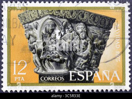 Timbre-poste oblitéré imprimé par l'Espagne, qui montre "fuite en Egypte", Noël 1978 : capitales de Santa Maria de Nieva, vers 1978. Banque D'Images