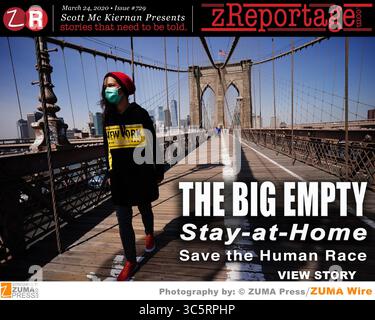 Histoire de la semaine zReportage.com : lancé MARDI 24 mars 2020 sur www.zReportage.com histoire #729 : le GRAND VIDE : Stay-at-Home, Save the Human Race ! Le pont de Brooklyn a ouvert ses portes le 24 mai 1883, reliant Manhattan et Brooklyn Boroughs de New York City, l'une des plus grandes villes du monde depuis deux siècles. plus de 6 000 piétons et plus de 3 000 cyclistes la traversent en moyenne par jour. Alors que les édits du Stay-at-Home sont descendus pour protéger la propagation du coronavirus COVID-19, cette femme seule l’a principalement pour elle-même. Porter un masque médical pour la protection et un bonnet de laine rouge pour rester au chaud, sur un BR Banque D'Images