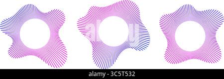 Icônes d'égaliseur sonore avec des lignes, cadres d'ondes sonores circulaires au néon dégradé, icônes de musique radiale abstraite. Illustration de Vecteur