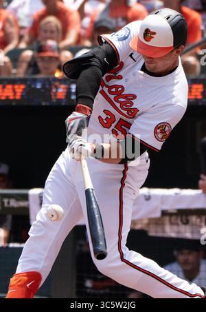 Baltimore, États-Unis. 30 juillet 2025. BALTIMORE, MD - JUILLET 30 : Adley Rutschman (35), le receveur des Orioles de Baltimore, lors d'un match MLB entre les Orioles de Baltimore et les Blue Jays de Toronto, le 30 juillet 2025, à Oriole Park à Camden Yards, à Baltimore, Maryland. (Photo de Tony Quinn/SipaUSA) crédit : Sipa USA/Alamy Live News Banque D'Images