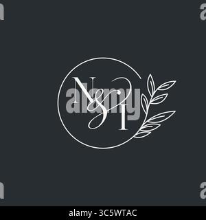 Monogramme de mariage initial ni design dans un style élégant et minimal avec des lignes circulaires et un graphique vectoriel de branches feuillues Illustration de Vecteur