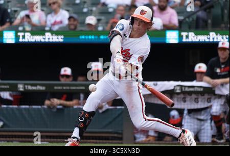 Baltimore, États-Unis. 30 juillet 2025. BALTIMORE, MD - JUILLET 30 : deuxième base des Orioles de Baltimore Jackson Holliday (7) à la batte lors d'un match MLB entre les Orioles de Baltimore et les Blue Jays de Toronto, le 30 juillet 2025, à Oriole Park à Camden Yards, à Baltimore, Maryland. (Photo de Tony Quinn/SipaUSA) crédit : Sipa USA/Alamy Live News Banque D'Images
