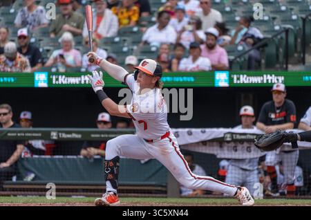 Baltimore, États-Unis. 30 juillet 2025. BALTIMORE, MD - JUILLET 30 : deuxième base des Orioles de Baltimore Jackson Holliday (7) à la batte lors d'un match MLB entre les Orioles de Baltimore et les Blue Jays de Toronto, le 30 juillet 2025, à Oriole Park à Camden Yards, à Baltimore, Maryland. (Photo de Tony Quinn/SipaUSA) crédit : Sipa USA/Alamy Live News Banque D'Images