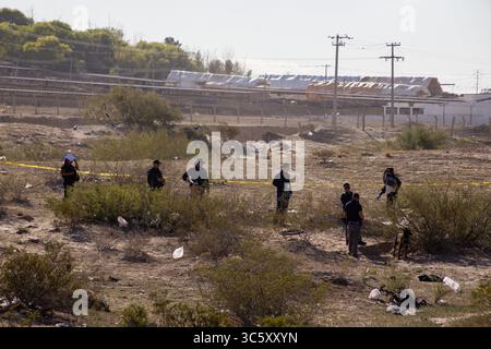 La police fouille une zone industrielle désolée au milieu de la violence urbaine croissante à Ciudad Juarez. Banque D'Images