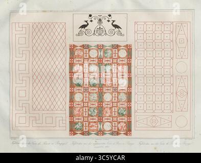 Sols en mosaïque de la soi-disant Maison de Bacchus (au centre) flanqués de chaque côté par des dessins de sol de la Maison de Pansa à Pompéi par Wilhelm Zahn. Banque D'Images