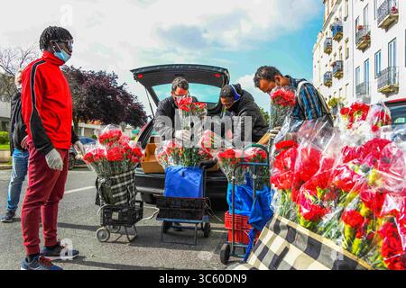 25 avril 2020, Lisbonne, Portugal : les travailleurs qui se préparent à livrer des œillets aux gens dans la rue pendant la célébration de la Journée de la liberté dans le contexte de la crise du coronavirus (COVID-19). Avec le pays toujours en état d’urgence en raison du COVID-19 et soumis à un devoir général de mémoire, le 46e anniversaire d’avril 25 sera célébré principalement dans toutes les maisons portugaises. Le Conseil communautaire de Penha de Fran ? Mise en œuvre laissant des œillets dans les boîtes aux lettres des maisons et des bâtiments pour motiver les gens à se souvenir de cette date historique nationale où il a marqué la fin de la dictature des Portugais c Banque D'Images