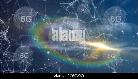 Montrant le globe central 6G briller dans le cyberespace, avec des nœuds et des lignes brillants, anneau, lumière parasite Banque D'Images