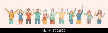 Groupe animé joyeux exprimant la joie sur un fond clair. Divers personnages sont représentés dans des couleurs vives, représentant une célébration animée et heureuse Illustration de Vecteur