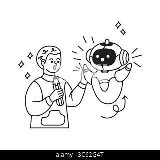 Illustration en noir et blanc d'un enfant joyeux prenant contact avec une intelligence artificielle heureuse. Style minimaliste, mettant l'accent sur l'amitié et fut Illustration de Vecteur