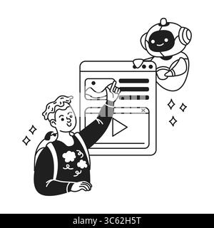 Illustration d'une personne souriante interagissant avec un contenu numérique assisté par une intelligence artificielle joyeuse dans un style monochrome. Techn. Futuriste Illustration de Vecteur