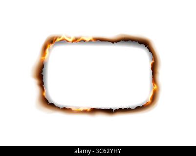 Cadre en papier rectangulaire avec bords brûlés et flammes, donnant un effet fougueux et dramatique. Ce design réaliste est parfait pour les projets créatifs et BA Illustration de Vecteur