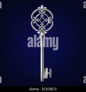 Clé argentée ornée d'un motif complexe. Représente l'élégance et la tradition. Positionnée sur un fond bleu profond. Idéal pour les thèmes du mystère et un Illustration de Vecteur
