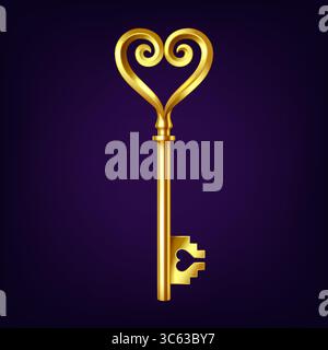 Illustration d'une clé dorée avec une poignée en forme de cœur sur un fond violet foncé. Élégant et décoratif, il représente l'amour et la sécurité. Illustration de Vecteur