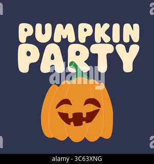 Illustration vectorielle d'Halloween avec une citrouille souriante et un lettrage de fête de citrouille sur fond sombre. Conception de dessin animé mignon et amusant parfait pour saluer Illustration de Vecteur