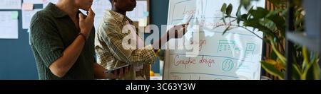 Jeune homme asiatique adulte tenant la tablette, debout à côté de la jeune femme noire adulte pointant vers le tableau blanc discutant des concepts de design UX dans l'espace de travail de bureau moderne pendant la réunion créative Banque D'Images