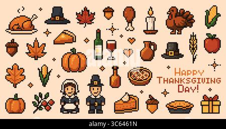 Y2K Thanksgiving Day 8bit icônes de jeu de pixels et autocollants. Ensemble de vecteur de dinde rétro, citrouille, tarte, maïs, vin, bougies, cadeaux et pèlerins. Feuilles d'automne, glands, morceaux de nourriture des fêtes de récolte saisonnière Illustration de Vecteur