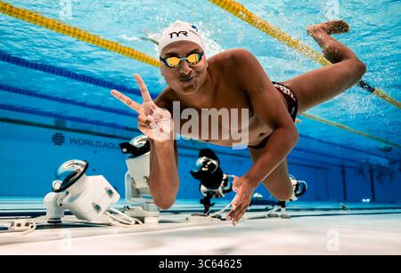 Pékin, Chine. 30 juillet 2025. La française Yohann Ndoye-Brouard pose lors d'une séance d'entraînement avant la finale de natation des Championnats du monde de natation à Singapour, le 30 juillet 2025. Crédit : Xia Yifang/Xinhua/Alamy Live News Banque D'Images