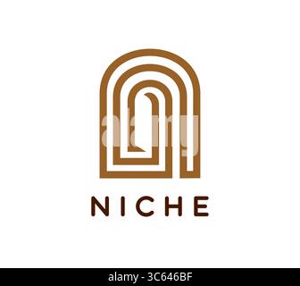 Icône de niche avec symbole d'arc abstrait géométrique et typographie moderne minimale. Marque de marque élégante vectorielle pour l'architecture, l'intérieur ou l'identité de boutique. Emblème aux lignes épurées et de couleur marron ou or Illustration de Vecteur