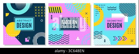 Couverture carrée Memphis avec des formes géométriques abstraites. Modèles de bannière modernes, disposent de couleurs vibrantes et de motifs audacieux dans un style rétro moderne des années 1980 Cartes ludiques vectorielles ou posts d'histoire Illustration de Vecteur