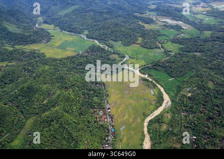 Vue aérienne, rizières verdoyantes et zones résidentielles à la périphérie d'un village luxuriant et paisible. Banque D'Images