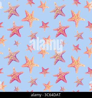 Tangerine et corail aquarelle étoile de mer sur bleu bébé doux répétition dans un format de motif sans couture. Parfait pour les invitations de fêtes d'été, les serviettes de plage ou les imprimés de vêtements pour enfants Banque D'Images