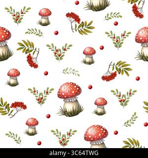 Motif sans couture avec champignons agariques à mouche rouge, branches de rowan, feuilles et baies. Peint à la main dans un style aquarelle doux, parfait pour l'automne-thème Banque D'Images