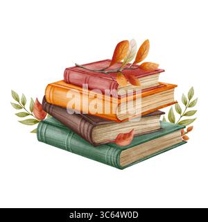 Illustration d'une pile de livres avec des feuilles d'automne. Fabriqué dans la technique de l'aquarelle, transmet l'atmosphère de confort, de lecture et d'automne Banque D'Images