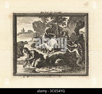 Persée utilise la tête de Méduse pour transformer les plantes en corail. Persée, avec son épée et son bouclier sur le rivage, se lave les mains dans la mer après avoir tué le monstre et libéré Andromède. Les nymphes de mer ou les Néréides placent la tête de la Gorgone sur les mauvaises herbes, les transformant en pierre. Herbes en corail. Gravure sur cuivre par François Chauveau de Metamorphoses d’Ovide en Rondeaux, Métamorphoses d’Ovide, chez Audran, Paris, 1676. Banque D'Images