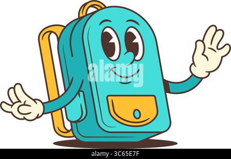 Le personnage bleu souriant du sac à dos agite une main dans une pose lumineuse et accueillante. Rayonne de convivialité et d'énergie, idéal pour les promotions scolaires, événement de Illustration de Vecteur