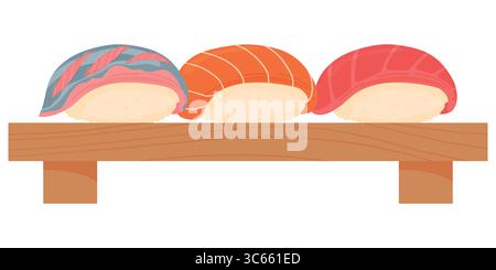 Dessin animé saumon, thon et sushi iwashi sur planche de bois. Cuisine asiatique cuisine japonaise, cuisine traditionnelle isolée sur fond blanc Illustration de Vecteur