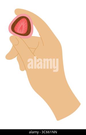 Bande dessinée tient Strawberry Daifuku sur fond blanc. Dessert japonais Mochi avec fraise et pâte de haricots Adzuki Illustration de Vecteur