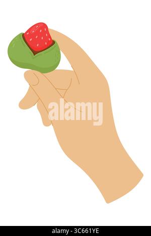 Bande dessinée tient la fraise Matcha Daifuku sur fond blanc. Dessert japonais Mochi avec fraise et pâte de haricots Adzuki Illustration de Vecteur