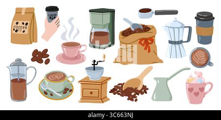 Ensemble d'éléments de café, illustration dessinée à la main Illustration de Vecteur