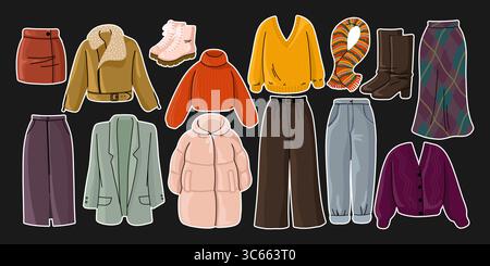 Ensemble d'autocollants de vêtements dessinés à la main pour femme Illustration de Vecteur