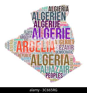 Nuage de mots en forme de pays Algérie. Illustration de pays de style typographique. Image Algérie dans le style nuage de texte. Illustration vectorielle. Illustration de Vecteur