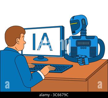 Homme enseignant l'IA à un robot humanoïde. Concept d'apprentissage automatique, d'intelligence artificielle et de formation numérique. Illustration de Vecteur