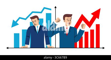 Deux hommes d'affaires se tiennent devant un graphique financier fluctuant - l'un célébrant le succès, l'autre frustré par la perte. Représente les hauts et les bas de l'entreprise. Illustration de Vecteur