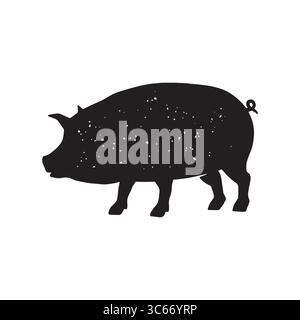 Cochon simple avec concept d'impression de texture de grain. Illustration de conception de silhouette de ferme de porc vintage, vecteur. Illustration de Vecteur
