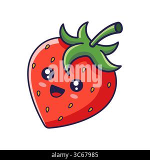 Mignon personnage de fraise Kawaii. Illustration d'icône de dessin animé dessinée à la main de vecteur. Personnage de fraise dans le style doodle. Isolé sur fond blanc. Illustration de Vecteur