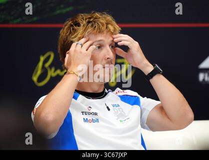 Liam Lawson des Racing Bulls lors d'une conférence de presse au Hungaroring à Budapest, en Hongrie, avant le Grand Prix de Hongrie dimanche. Date de la photo : jeudi 31 juillet 2025. Banque D'Images