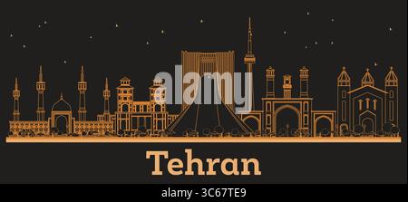 Esquissez Téhéran Iran City Skyline avec des bâtiments orange. Illustration vectorielle. Voyage d'affaires et concept de tourisme avec architecture historique. Illustration de Vecteur