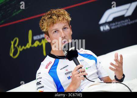 Liam Lawson des Racing Bulls lors d'une conférence de presse au Hungaroring à Budapest, en Hongrie, avant le Grand Prix de Hongrie dimanche. Date de la photo : jeudi 31 juillet 2025. Banque D'Images