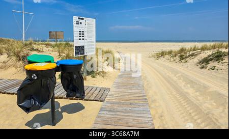 Conteneurs jaunes, bleus et verts pour la collecte séparée des ordures sur la plage publique de l'Atlantique. 13 juin 2025. Verdon-Sue-mer, Médoc, France. Banque D'Images
