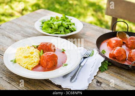 Boulettes de viande frites braisées dans une sauce tomate servies avec de la purée de pommes de terre dans le jardin. Manger des boulettes de viande rôties de bœuf dans une sauce tomate. Banque D'Images