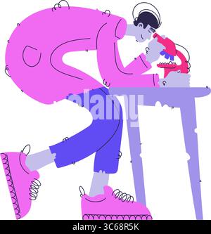Illustration vectorielle stylisée représentant un scientifique dans une chemise rose à l'aide d'un microscope sur une table simple. La scène évoque la recherche scientifique et di Illustration de Vecteur