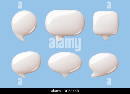 Bulles de discours 3d de dessin animé. Zones de texte brillantes vierges, différentes formes, éléments tridimensionnels de communication, modèles, ballons ronds et carrés Illustration de Vecteur