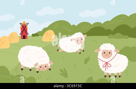 Moutons en pâturage. Petits agneaux drôles sur le champ vert, animaux de ferme bouclés mignons pâtissant de l'herbe, personnages heureux moelleux, dessin animé de paysage d'été isolé Illustration de Vecteur