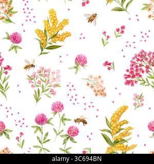 Fleurs sauvages et abeilles, motif. Illustrations aquarelles. Fleurs sauvages et abeilles, motif. Illustrations aquarelles. Banque D'Images
