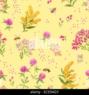 Fleurs sauvages et abeilles, motif. Fond jaune. Illustrations aquarelles. Banque D'Images