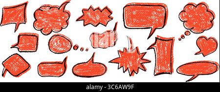 Ensemble vectoriel de paroles excentriques et de bulles de pensée pour sms en cire rouge avec contour noir sur fond de tableau noir. Texture fusain et style squiggle Illustration de Vecteur